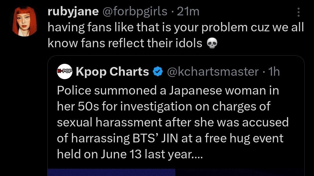 baesggukie's tweet image. look at the kpop stans being sympathetic when yall hyped the stalkers and dragged jungkook instead when the same thing happened to him. bunch of hypocrites.