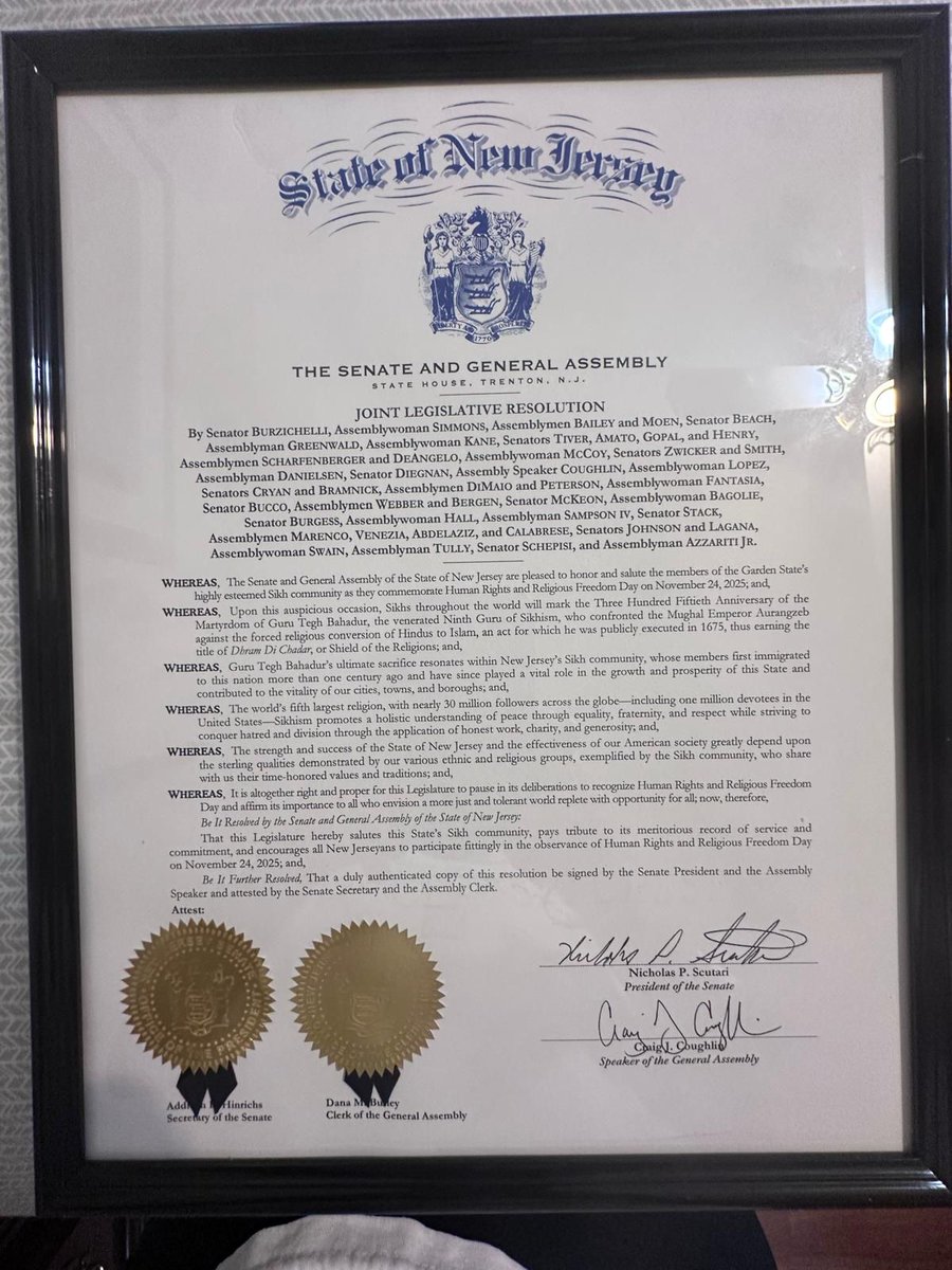 PritpalASCC's tweet photo. This week, the New Jersey State Assembly celebrated and  recognized  the Sikh tradition’s enduring defense of religious freedom.  In 1675, The 9th Sikh Guru, Guru Teg Bahadur Sahib, gave his life to protect the right of Hindus to worship freely, despite profound disagreements them. Special thanks to Mr. Harjinder Singh and Mr. Jugraj Singh for organizing the event.