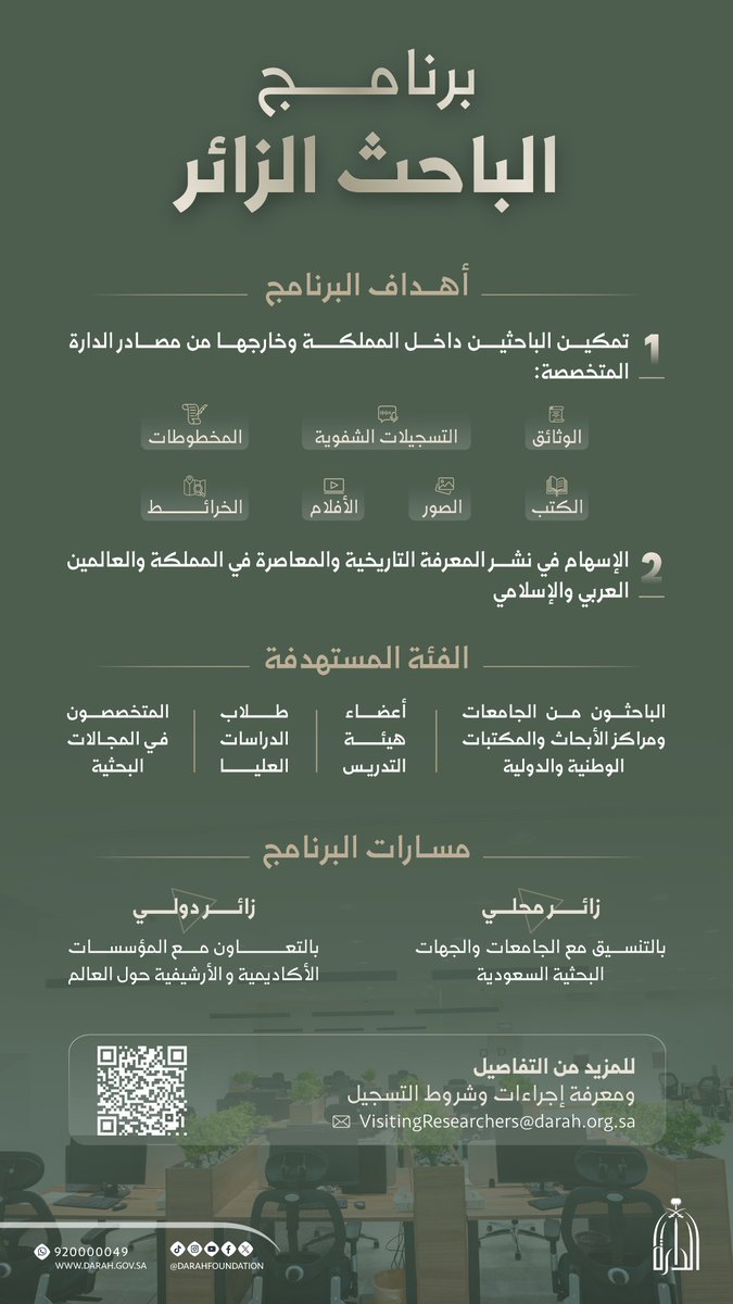 تعلن #دارة_الملك_عبدالعزيز عن استقبال طلبات الانضمام إلى برنامج #الباحث_الزائر الذي يتيح للباحثين الاطلاع على مصادر الدارة الغنية في أجواء علمية محفزة على البحث والإبداع.
لمزيد من التفاصيل:
lp.darah.gov.sa/ar/visiting-re…