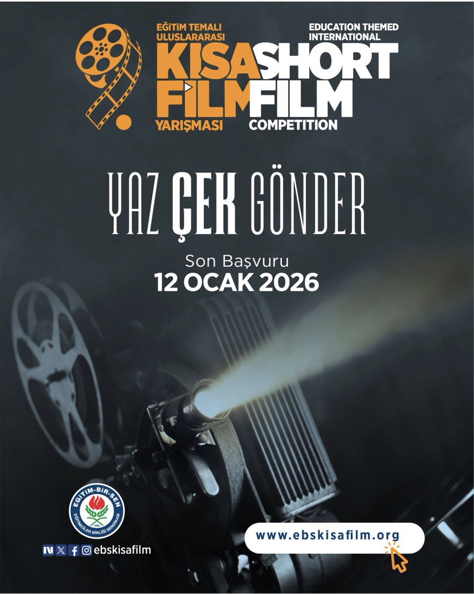 🎬 Eğitimi sinemanın diliyle anlatmaya hazır mısın?

Eğitim-Bir-Sen’in düzenlediği Eğitim Temalı 9. Uluslararası Kısa Film Yarışması için başvurular devam ediyor.

Eğitim temalı kısa filmini hazırla, hikayeni beyaz perdeye taşı!

•Birincilik 80.000 TL
•İkincilik 60.000 TL