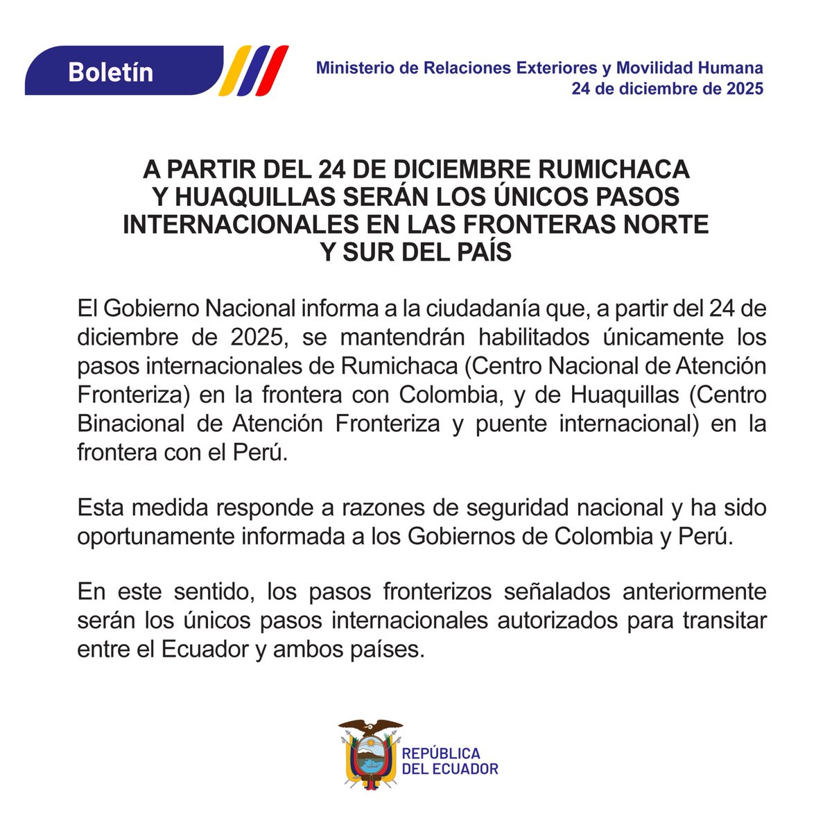 A partir del 24 de diciembre Rumichaca y Huaquillas serán los únicos pasos internacionales en las fronteras norte y sur del país.