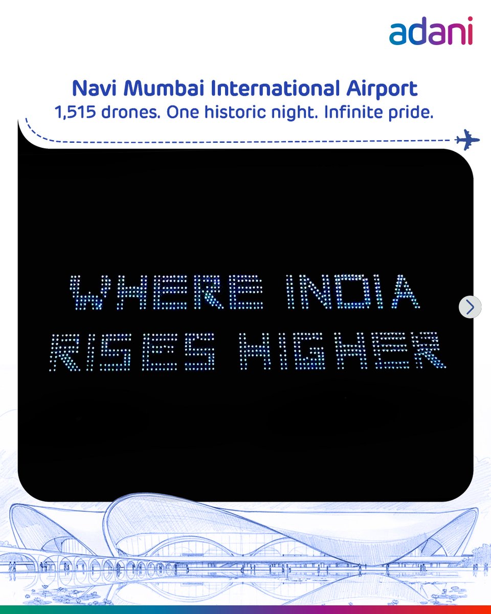 AdaniOnline's tweet photo. On the eve of operations at Navi Mumbai International Airport, the night sky turned into a canvas of ambition.

1,515 synchronised drones lit up the horizon – unfurling a 3D lotus, tracing NMIA’s iconic design, painting a greener future, and watching a plane soar over Mumbai as India rose with it.

What made the moment truly special was who witnessed it together: specially abled persons, young athletes and NMIA colleagues – standing shoulder to shoulder, sharing a milestone built for people, progress and possibilities.

This is what execution looks like when scale meets soul.

From delivering one of India’s biggest greenfield airports in record time to shaping nation-building infrastructure across sectors, the Adani Group continues to turn vision into reality.

A new gateway prepares to take flight.
And with it, India’s aspirations rise higher.

#NMIAReadyToFly #Adani #NaviMumbaiInternationalAirport