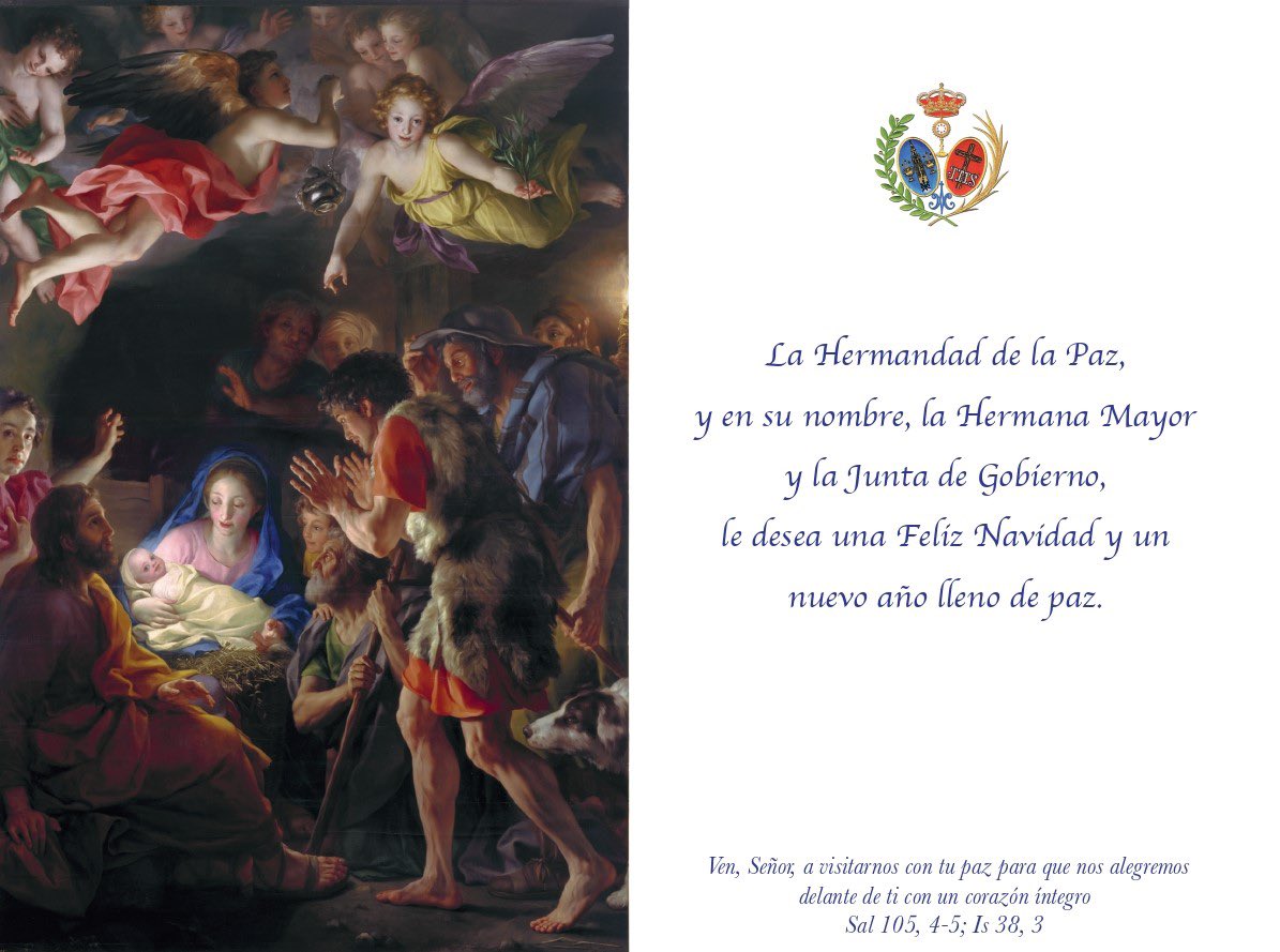 HermandadPaz's tweet photo. La Hermandad de la Paz, y en su nombre la Hermana Mayor y la Junta de Gobierno, les desea una Feliz Navidad y un nuevo año lleno de Paz. https://t.co/dnZCdByMti