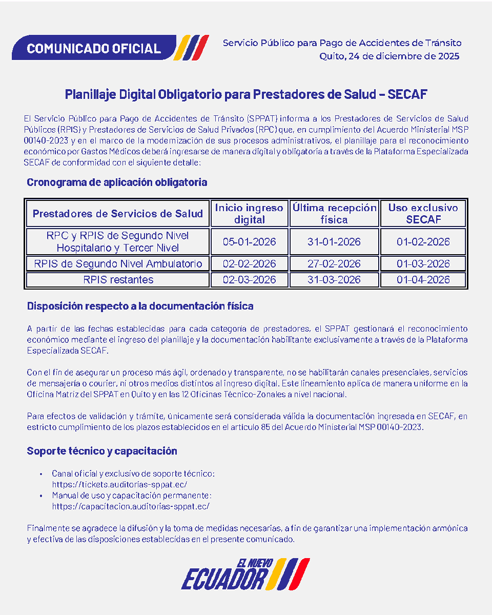 📢 El SPPAT informa a los Prestadores de Salud sobre lineamientos obligatorios para el ingreso digital del planillaje mediante la Plataforma SECAF.

#SPPAT #SECAF