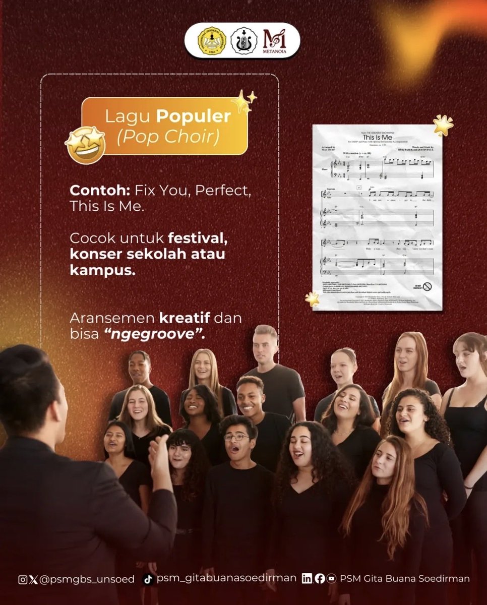 psmgbs_unsoed's tweet photo. [VOCAFACT]

Banyak yang kira choir itu cuma nyanyi lagu klasik, padahal genre yang dibawain jauh lebih beragam.
Di edisi kali ini, kita bahas empat genre utama yang sering muncul dalam dunia paduan suara

Kamu paling suka choir bawain genre apa? Atau malah mau coba genre baru? https://t.co/eJgeIXkKFL