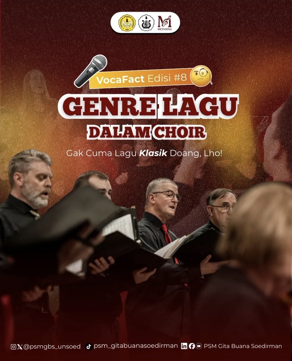 psmgbs_unsoed's tweet photo. [VOCAFACT]

Banyak yang kira choir itu cuma nyanyi lagu klasik, padahal genre yang dibawain jauh lebih beragam.
Di edisi kali ini, kita bahas empat genre utama yang sering muncul dalam dunia paduan suara

Kamu paling suka choir bawain genre apa? Atau malah mau coba genre baru? https://t.co/eJgeIXkKFL