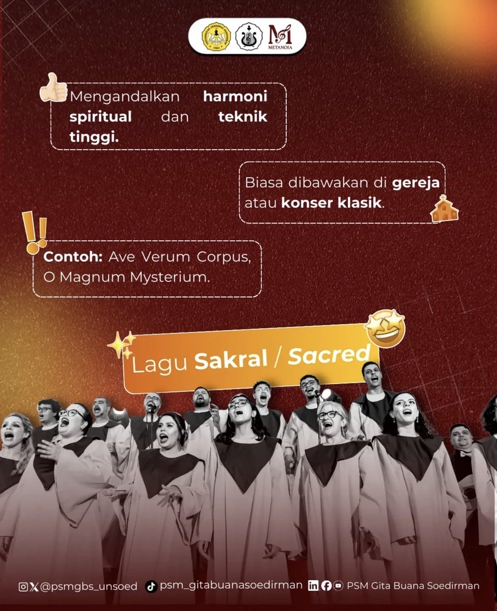 psmgbs_unsoed's tweet photo. [VOCAFACT]

Banyak yang kira choir itu cuma nyanyi lagu klasik, padahal genre yang dibawain jauh lebih beragam.
Di edisi kali ini, kita bahas empat genre utama yang sering muncul dalam dunia paduan suara

Kamu paling suka choir bawain genre apa? Atau malah mau coba genre baru? https://t.co/eJgeIXkKFL
