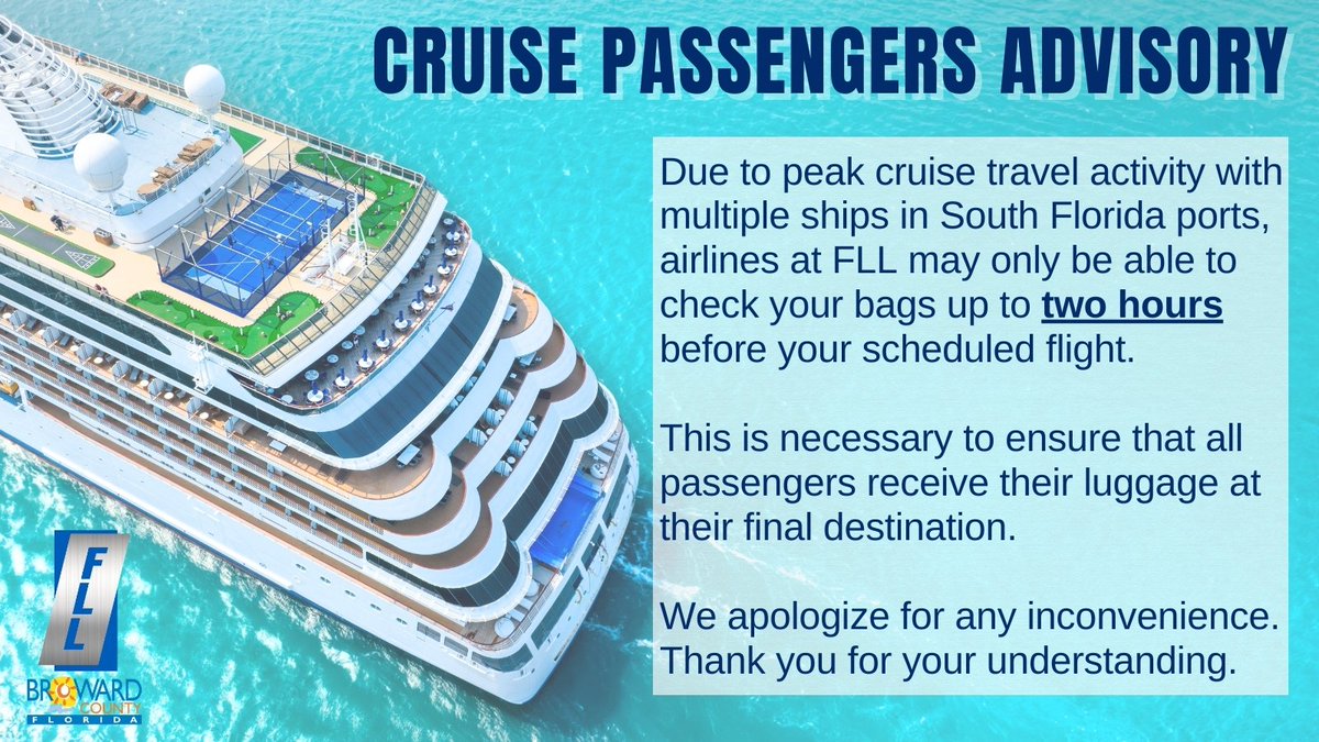 FLLFlyer's tweet image. Traffic #Advisory: #FLL’s 2025 year-end holiday travel period runs through Monday, January 5, 2026. With peak airline passenger activity and the @PortEverglades cruise season in full swing, there will be busier roadways at the airport and in surrounding areas. So, please allot