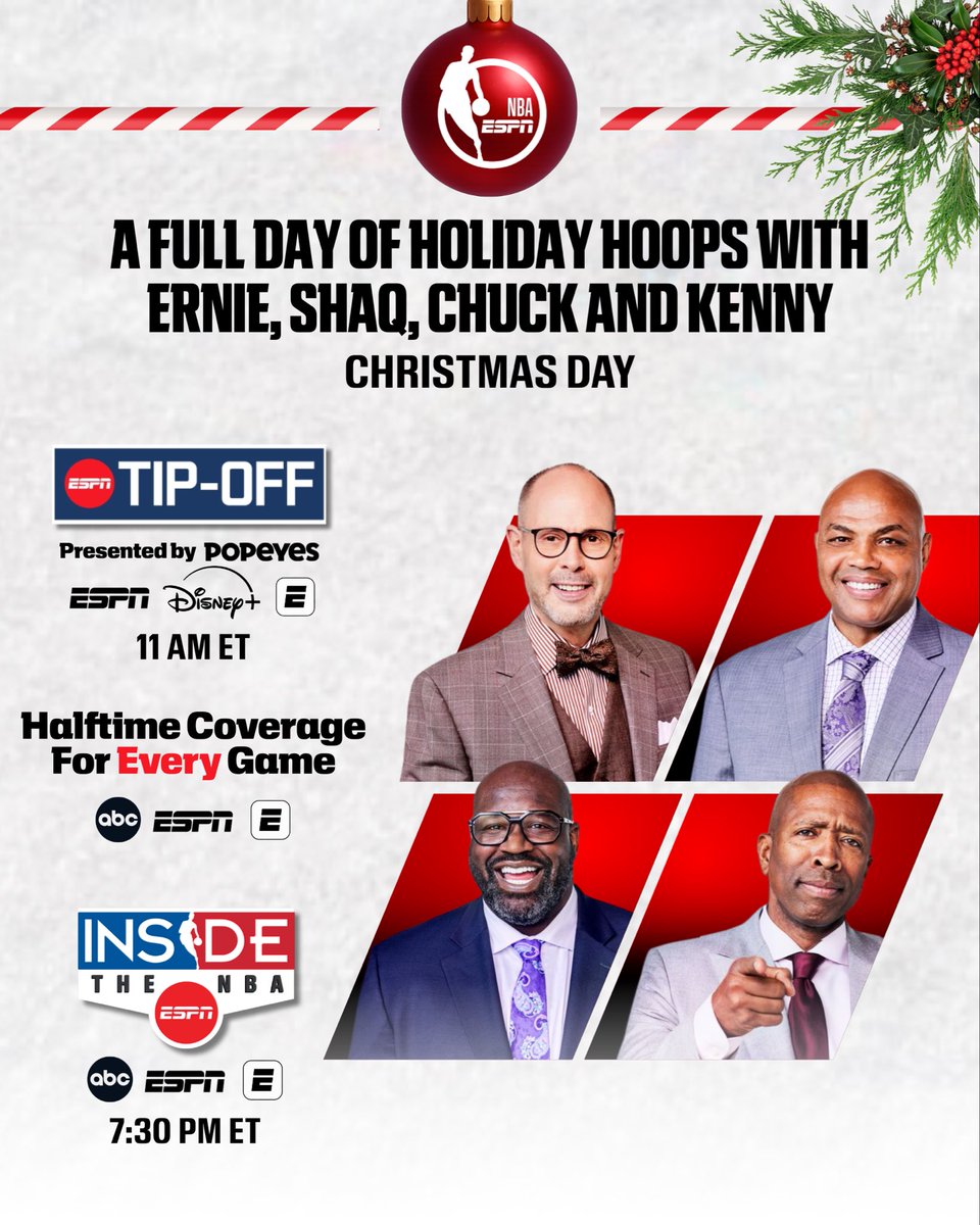 ESPNPR's tweet photo. Thursday, join Ernie, Shaq, Chuck &amp; Kenny for a full day of Holiday Hoops 🏀 https://t.co/mv6NN5ldkh