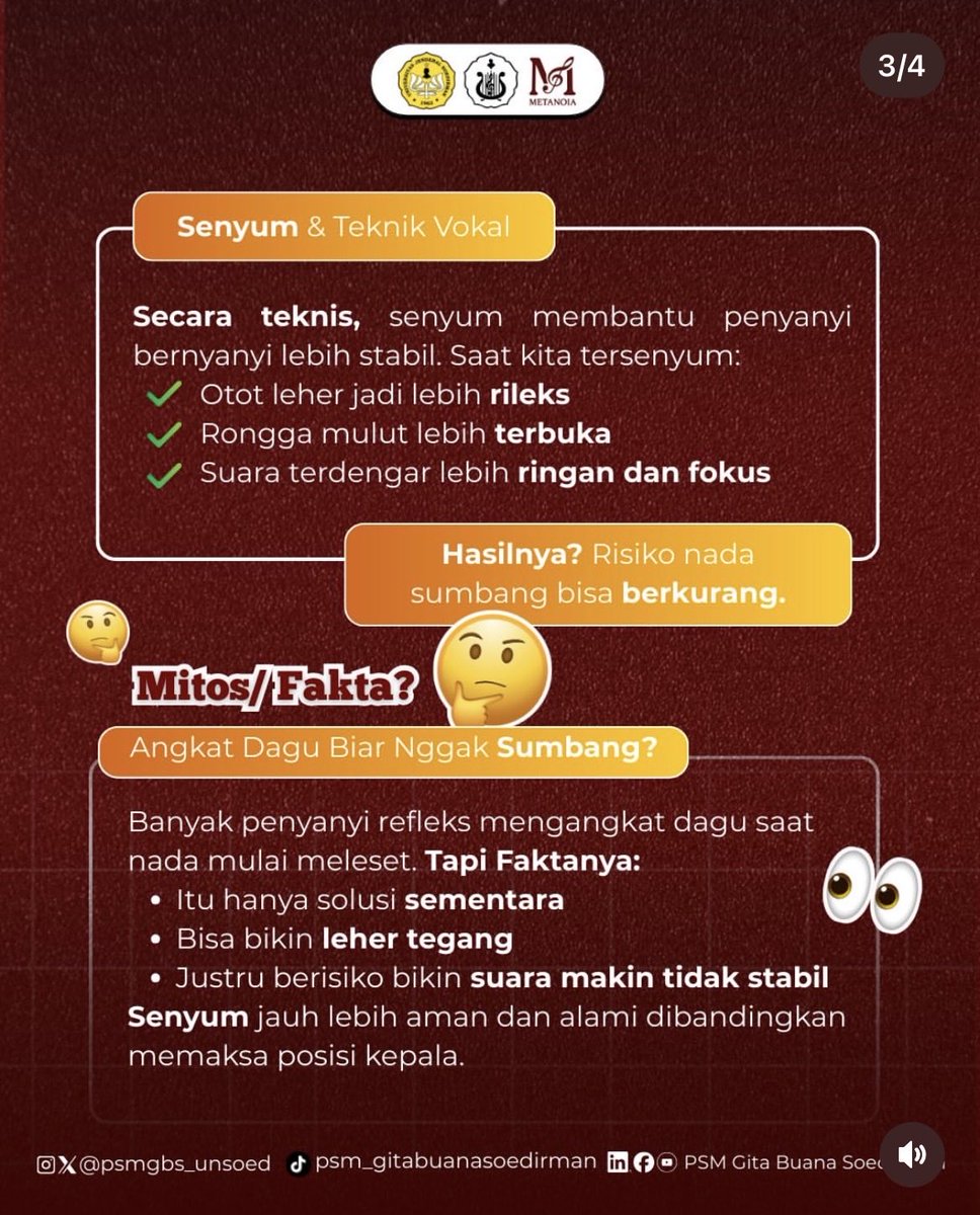 psmgbs_unsoed's tweet photo. [VOCAFACT EDISI #10] 

Smiling Voice: When a Smile Saves Your Pitch

Senyum di paduan suara bukan cuma soal ekspresi.
Senyum bantu merilekskan otot, bikin suara lebih stabil, dan nada lebih aman.

Jadi kalau konduktor bilang “Smile!” just trust the process 😉 https://t.co/oPY25LmXW9