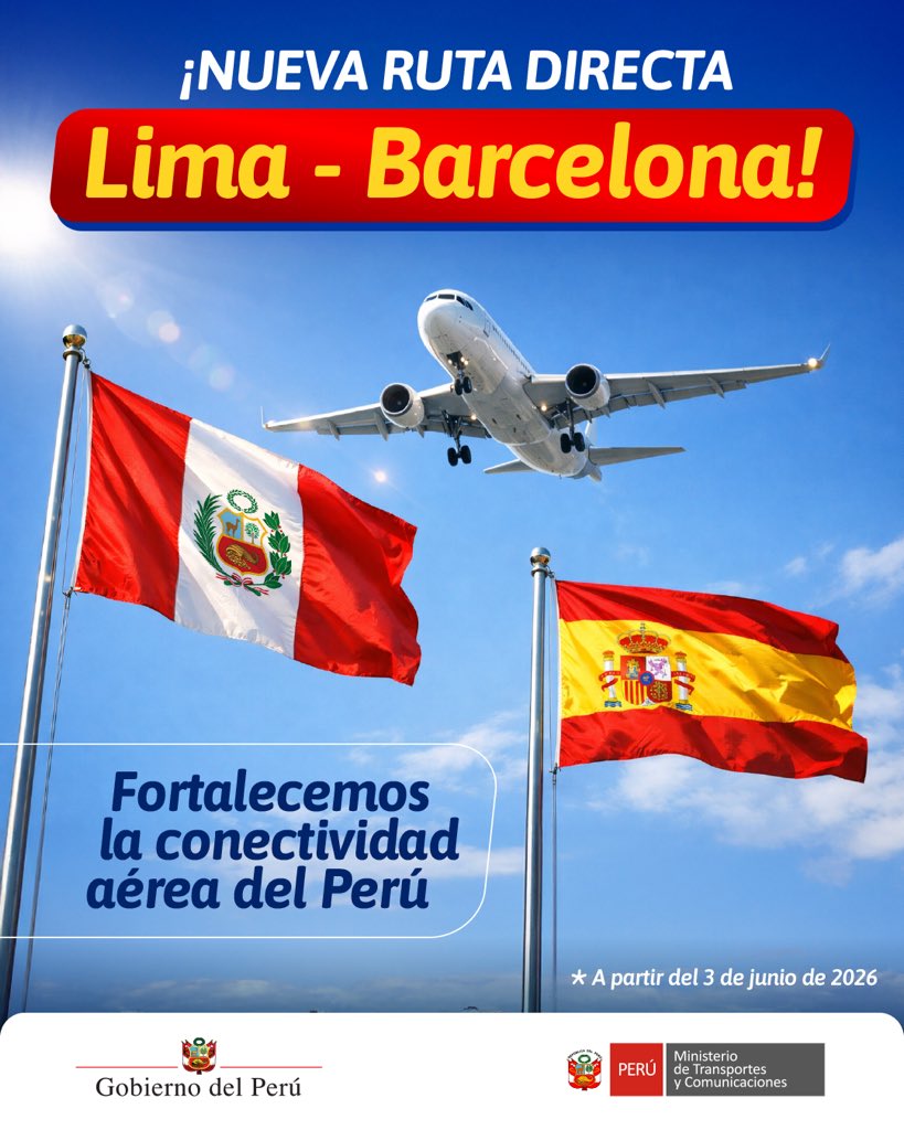 MTC_GobPeru's tweet photo. 🇵🇪✈️ Desde el #MTC seguimos fortaleciendo la conectividad aérea del país.

Desde el 2026 habrá una nueva ruta Lima–Barcelona, facilitando los viajes entre Perú y Europa y generando más oportunidades para el turismo, el comercio y el intercambio cultural entre ambos destinos. 🌍🤝

Seguimos trabajando por un Perú más conectado con el mundo.