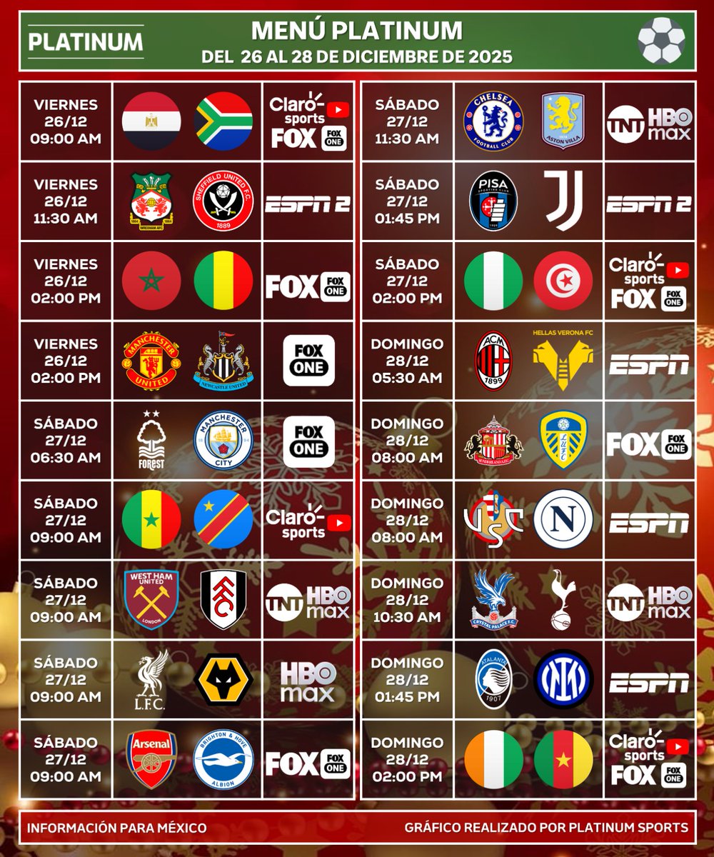 PlatinumSportMX's tweet image. ¡MENÚ PARA LA RESACA NAVIDEÑA!

⚽️ #MenúPLATINUM
🗓 Del 26 al 28 de diciembre 

⏰📺 Horarios y transmisiones para México 🇲🇽
⚠️ Sujeto a cambios.