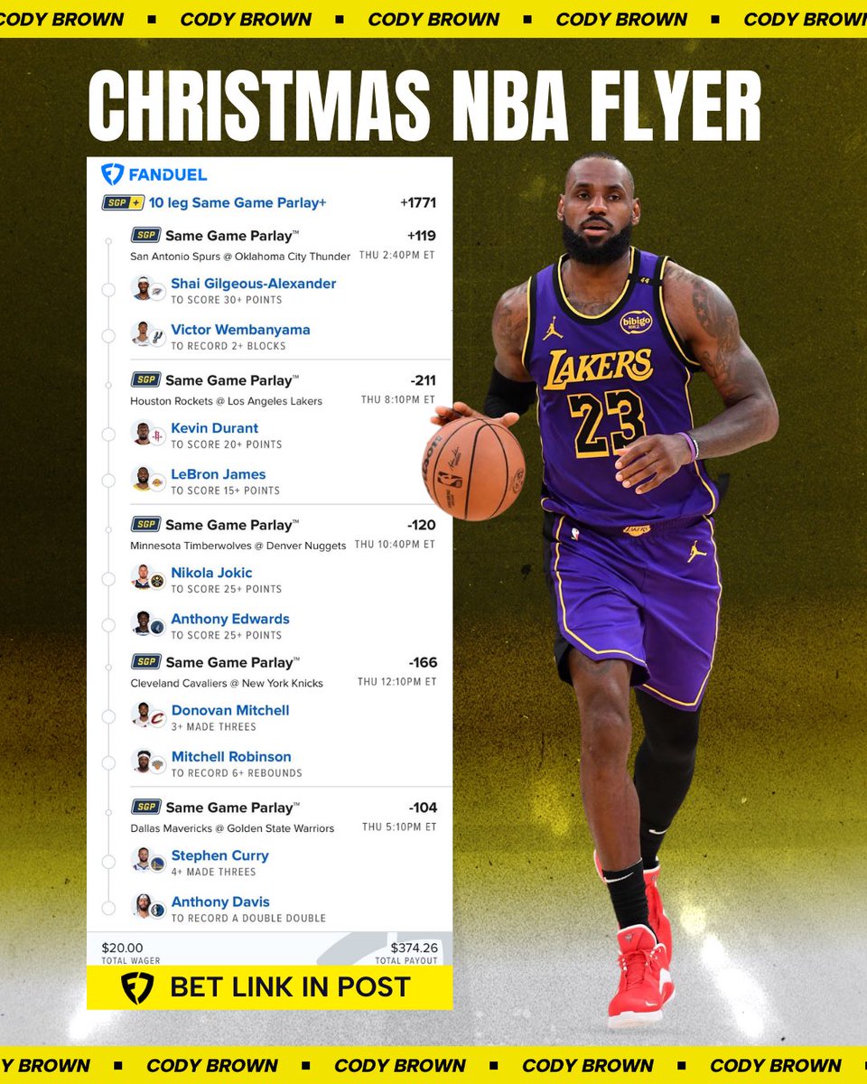CodyBrownBets's tweet image. 🏀🎅🏼 +1770 NBA Christmas Flyer 

Best NBA day of the season… We’re going big.

🔗 FanDuel bet link: bit.ly/XmasNBAFlyer

Two legs per game in all five games.

21+, gamble responsibly.