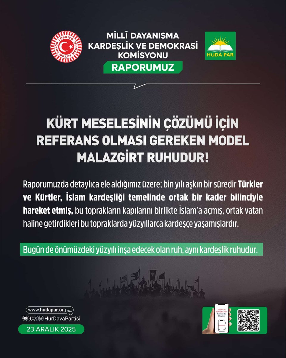 Biz oy kaygısıyla hazırlanmış bir rapor değil; ayağı yere basan, milletimize ve memleketimize huzur ve güven getirecek somut bir raporu TBMM’de komisyona sunduk.

Biz birkaç günlük değil, bin yıllık bir kardeşlikten bahsediyoruz.
#HÜDAPARınÇözümRaporu