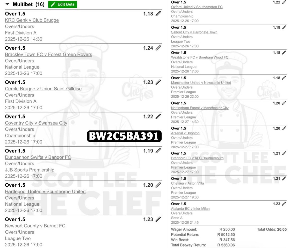🌟 20 ODDS | OVER 1.5 GOAL ACCA

⚡️ Betcode —> BW2C5BA391

🔗 Betslip —> betway.co.za/bookabet/BW2C5…

👨🏽‍🍳.