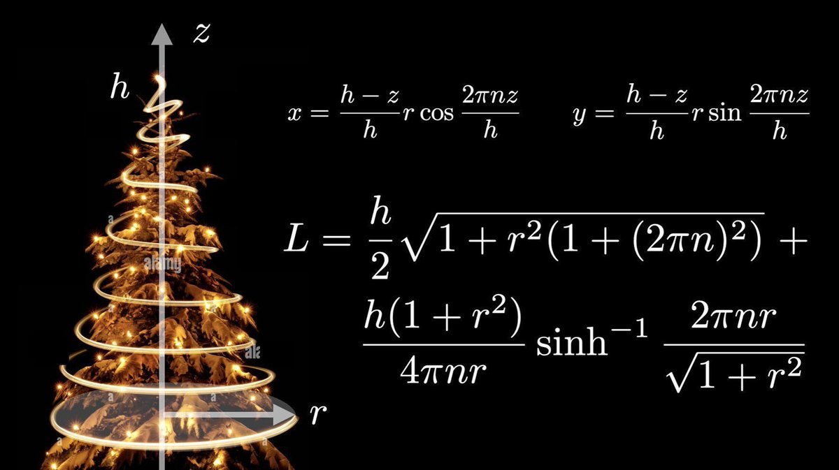azogueray's tweet photo. Matemáticas navideñas: la geometría del árbol de navidad🎄
¿Cuánto debe medir de largo una serie navideña (serie de luces) en un arbolito de base de radio r, altura h, con n vueltas?
Tip: Si pones esferas reflejantes, puedes disminuir el número de vueltas porque hay mucha luz😁 https://t.co/DSLe2uv0D3