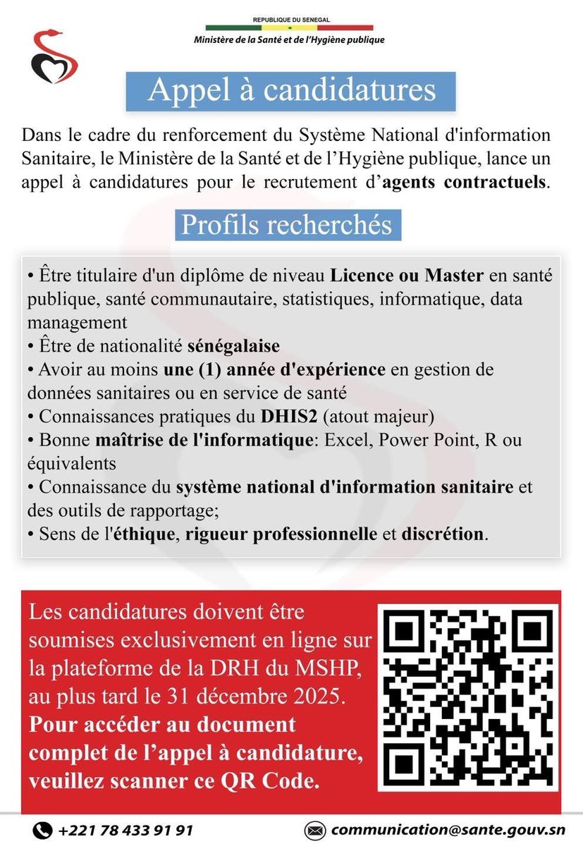 ‼️ Appel a candidature  pour le recrutement de contractuel 𝐌𝐢𝐧𝐢𝐬𝐭𝐞̀𝐫𝐞 𝐝𝐞 𝐥𝐚 𝐒𝐚𝐧𝐭𝐞́ 𝐞𝐭 𝐝𝐞 𝐥’𝐇𝐲𝐠𝐢𝐞̀𝐧𝐞 𝐩𝐮𝐛𝐥𝐢𝐪𝐮𝐞 𝐫𝐞𝐜𝐫𝐮𝐭𝐞 

Le MSHP lance un appel à candidatures pour recruter des agents contractuels afin de renforcer le Système National