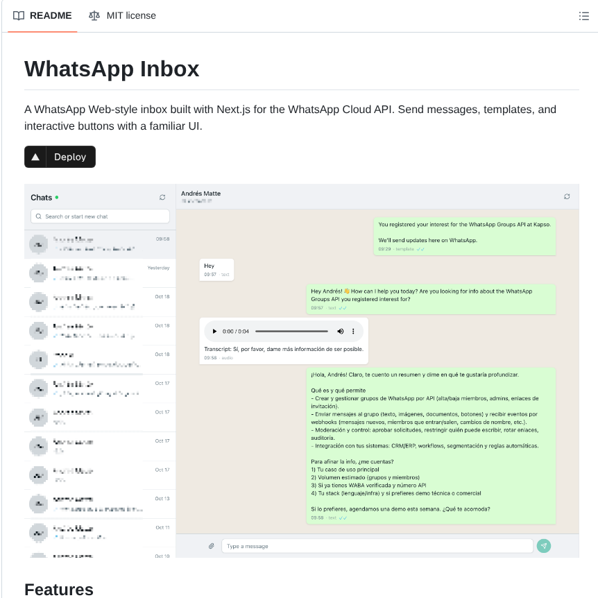 tom_doerr's tweet photo. WhatsApp inbox for the Cloud API built with Next.js

https://t.co/KpzxALo9MS https://t.co/nhyP7NKEyC