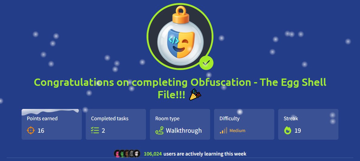 🛠️ AOC 2025 progress on <a href="/TryHackMe/">TryHackMe</a>! 🔐
Completed:
🧪 CyberChef – Hoperation Save McSkidy
🥚 Obfuscation – The Egg Shell File
Learning decoding &amp; de-obfuscation for DFIR and malware analysis. 🚀
#TryHackMe #AoC2025 #CyberSecurity #CyberChef #Obfuscation #DFIR