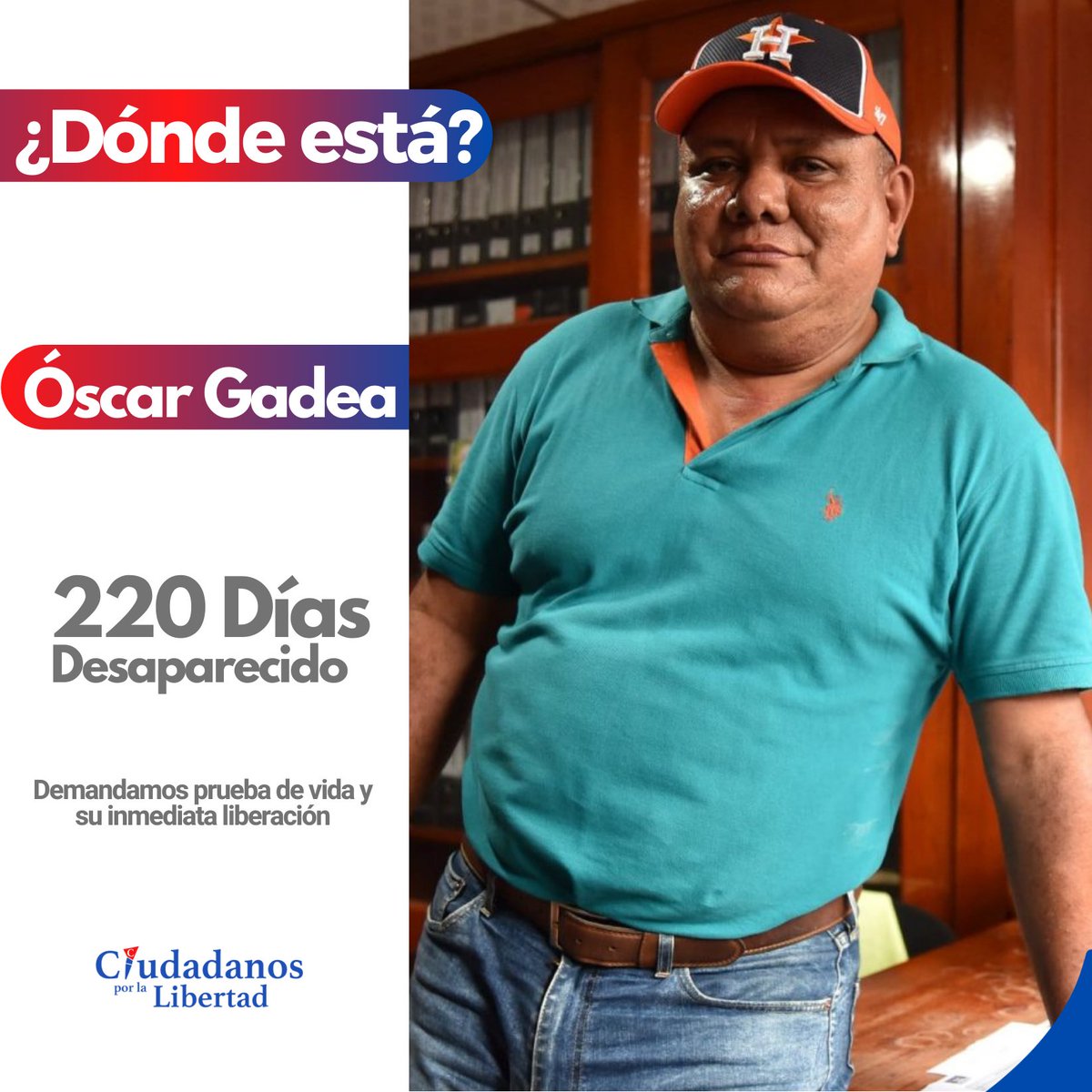 Desde Ciudadanos por la Libertad (CxL) demandamos prueba de vida y la inmediatamente liberación de Oscar Gadea, ex alcalde del municipio de Santa María de Pantasma, detenido arbitrariamente por el sandinismo.

#LibertadParaNicaragua