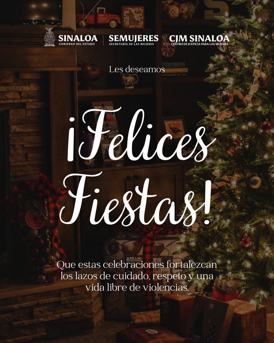 Los Centros de Justicia para las Mujeres del Estado de Sinaloa les desea felices fiestas. 

Festejemos en armonía, respeto y empatía.