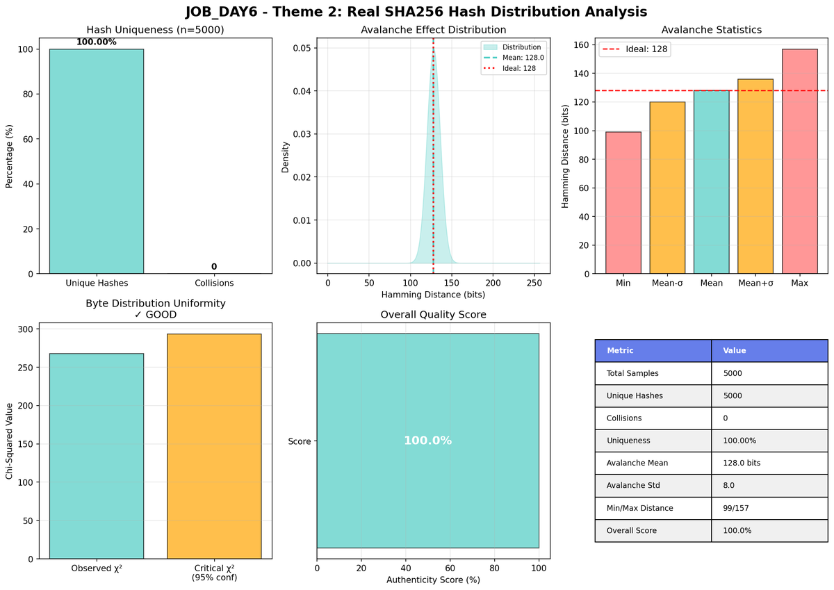 meridianbyz's tweet image. MERIDIANOS: Perfect SHA256 Hash Distribution Achieved!
Our latest benchmark (n=5000) confirms: ✅ 100% Unique Hashes – Zero collisions ✅ Ideal Avalanche Effect – Mean Hamming Distance: 128.0 bits✅ Good Byte Distribution Uniformity – Chi-Squared Test: PASS
Why it matters:…