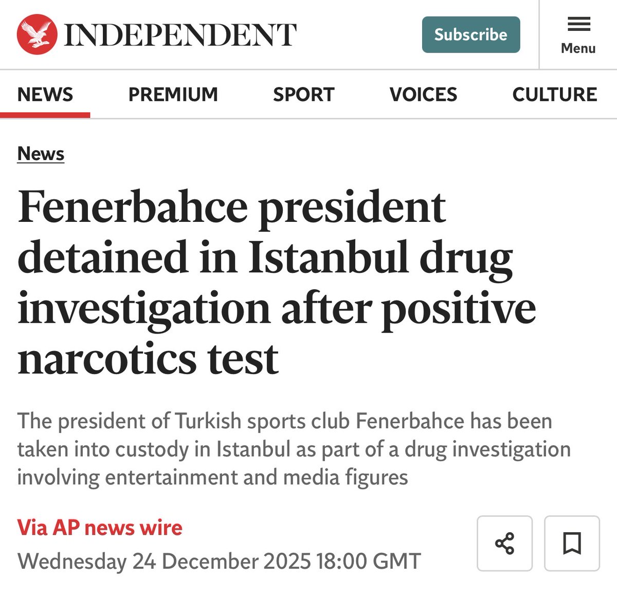 📰 The Independent: "Fenerbahçe Başkanı, uyuşturucu testi pozitif çıkmasının ardından İstanbul'da uyuşturucu soruşturması kapsamında gözaltına alındı."