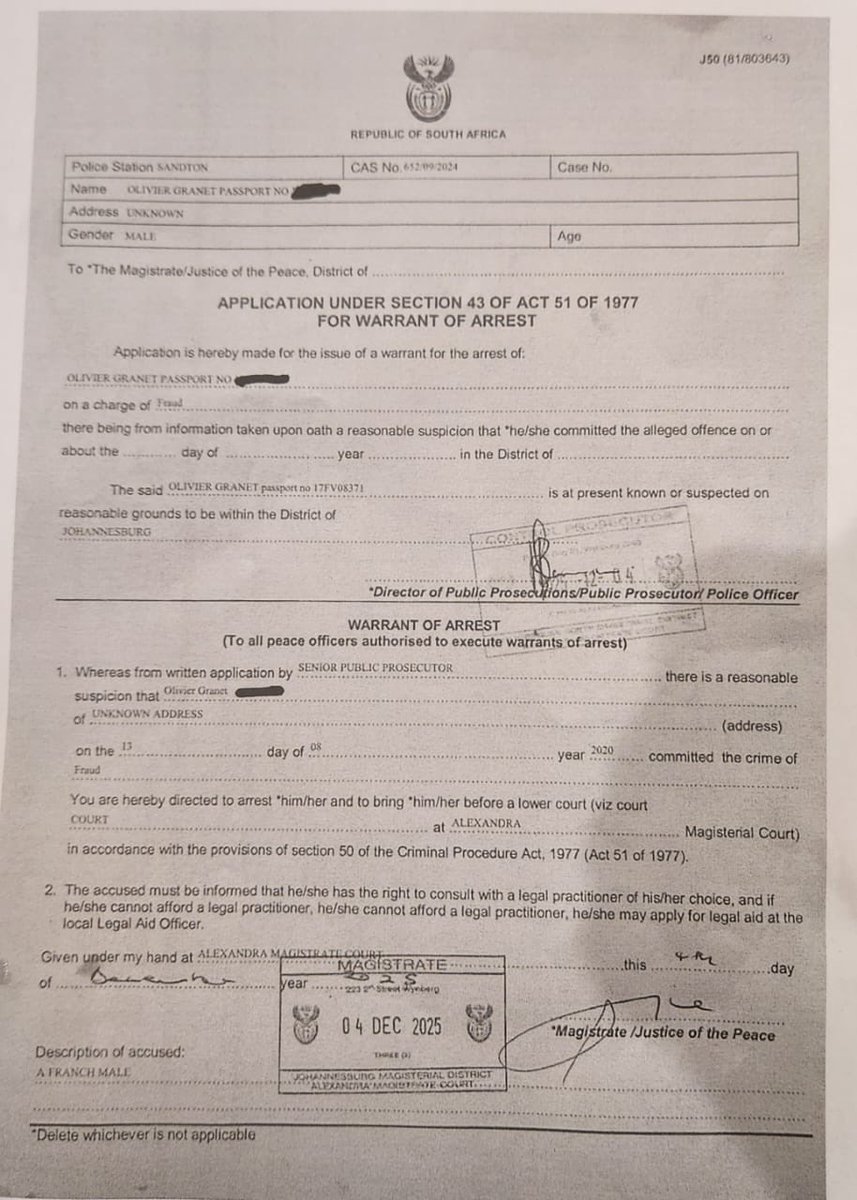 mmodiba10's tweet image. BREAKING NEWS BEFORE XMAS🔥🔥

The South African Police Services are looking for two alleged fugitives of which warrants of arrest have been issued for 

1- Mr Oliver Granet ( French) 
2- Mr David Damiba ( Ivory Coast) 

The warrants relate to a R681 million fraud case, the…