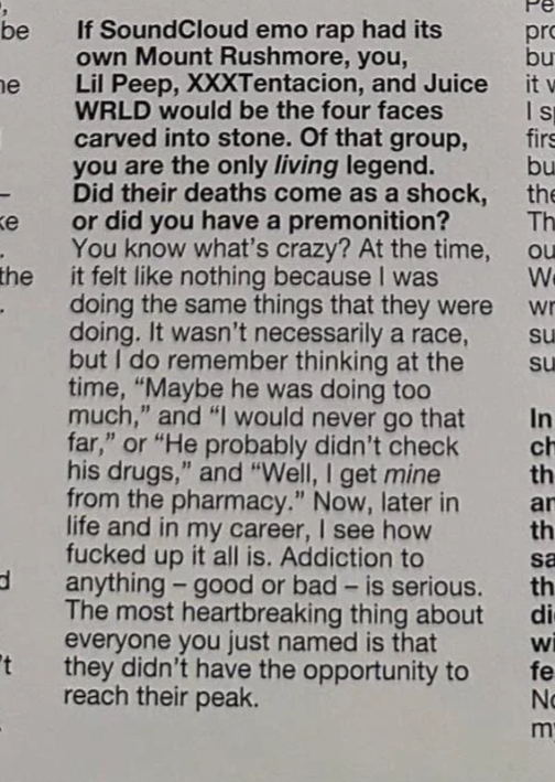RileyTaugor's tweet image. Found this article in a magazine where Lil Uzi Vert talks about XXXTentacion, Juice WRLD, and Lil Peep being on the SoundCloud Mount Rushmore alongside him

"The most heartbreaking thing is that they didn’t have the opportunity to reach their peak..." :/