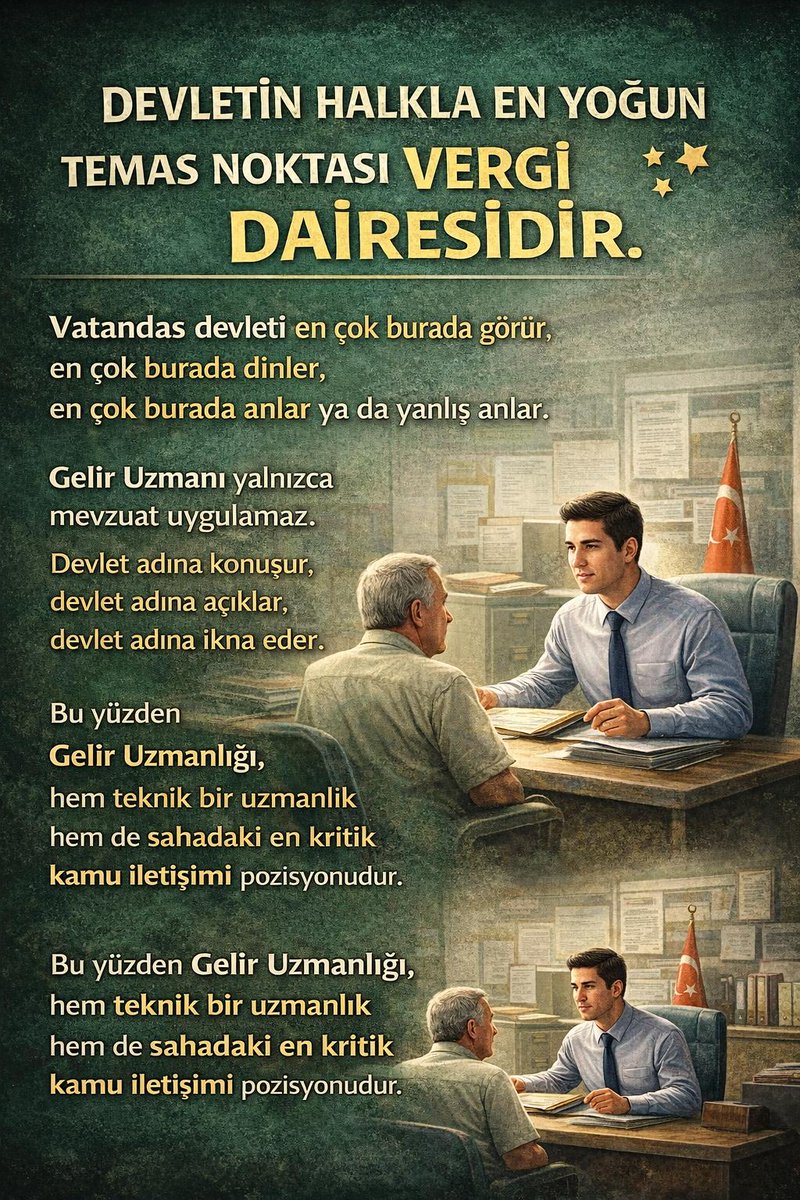 Gelir Uzmanları çeşmenin başında, gönüllerin dışında olmaktan muzdariptir.
Devlet Hazinesinin en güçlü besleyicisi verginin her safhasında fedakarca görev yapan bizler, hak ettiğimiz değeri artık görmek istiyor, 14 yıllık mağduriyet bitsin diyoruz.
<a href="/RTErdogan/">Recep Tayyip Erdoğan</a>
<a href="/_cevdetyilmaz/">Cevdet Yılmaz</a>