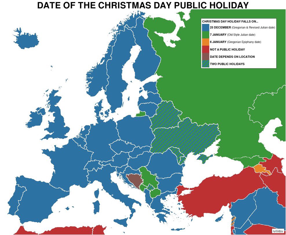 Mapsrandomly's tweet image. Date of "Christmas Day" public holiday by country
