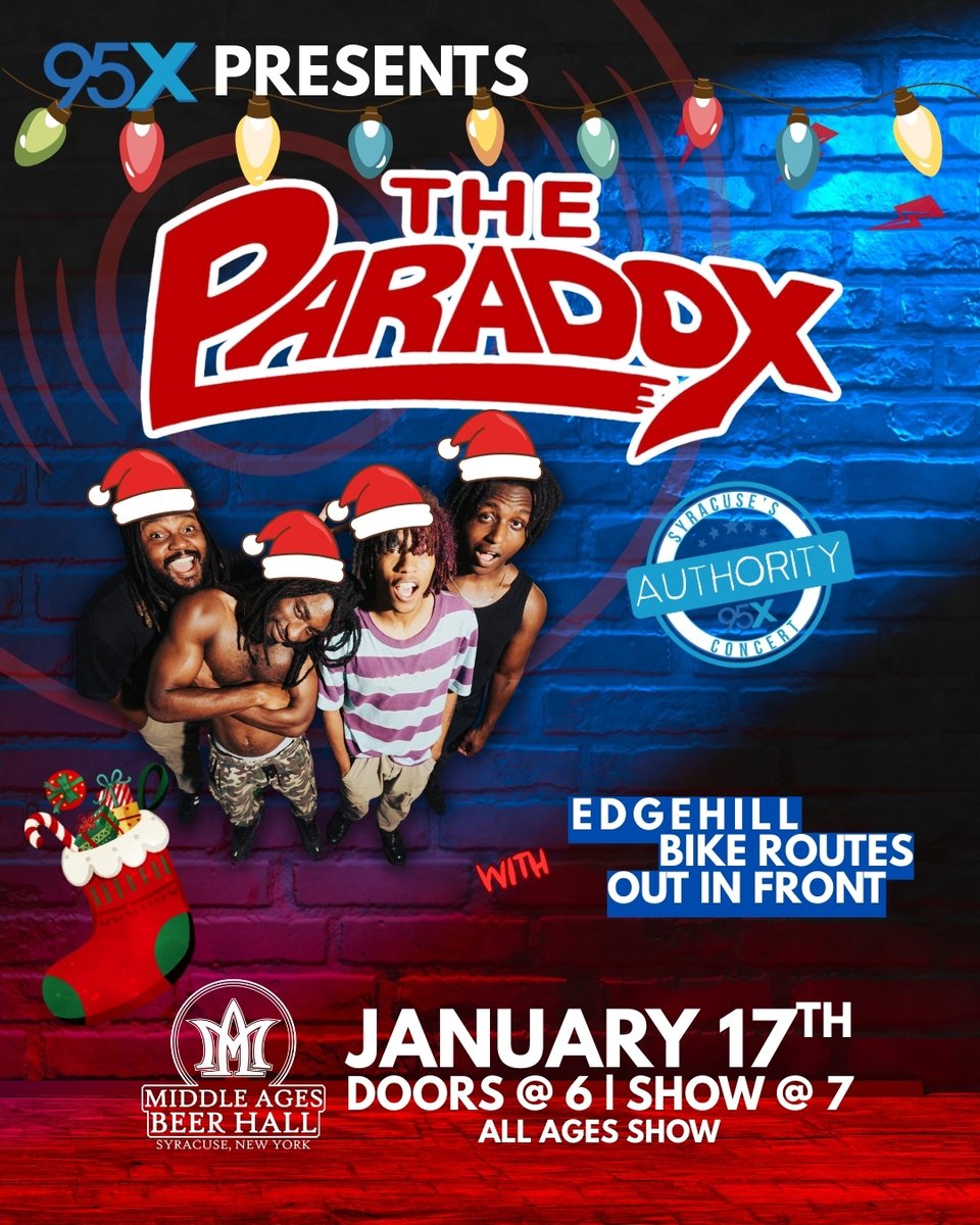 95X's tweet image. 🎁 Last-minute gift idea? 🎁 Tickets to 95X’s first show of 2026! The Paradox + more

📍 Middle Ages Beer Hall – Syracuse
📅 Jan 17 | Doors 6 PM

🎟 Get yours now: bit.ly/3KKcoVk

#SyracuseMusic #95X #StockingStuffer