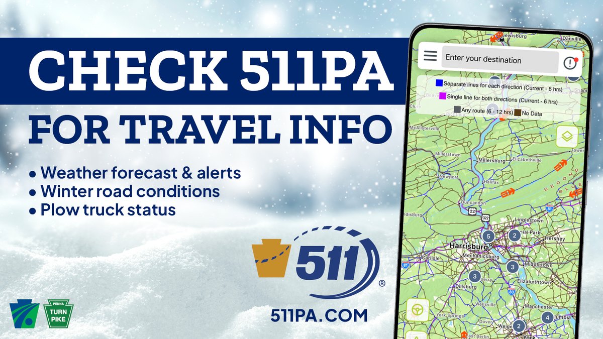 Stay up to date during today’s #PAWinter weather with 511PA.com or the app. 

Get trusted and accurate info on vehicle restrictions and conditions. You can also see plow locations/road clearing status and sign up for local alerts. 

Download: 511pa.com/about/mobileapp