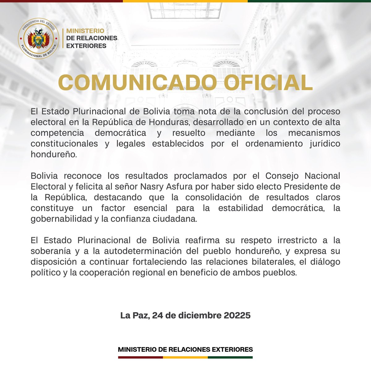 Bolivia reconoce los resultados del proceso electoral en Honduras у felicita al presidente electo @TitoAsfura.

#Elecciones #ProcesoElectoral
#Democracia #Voto
#ParticipaciónCiudadana
#TransparenciaElectoral #Sufragio
#EleccionesHonduras
#Elecciones2025