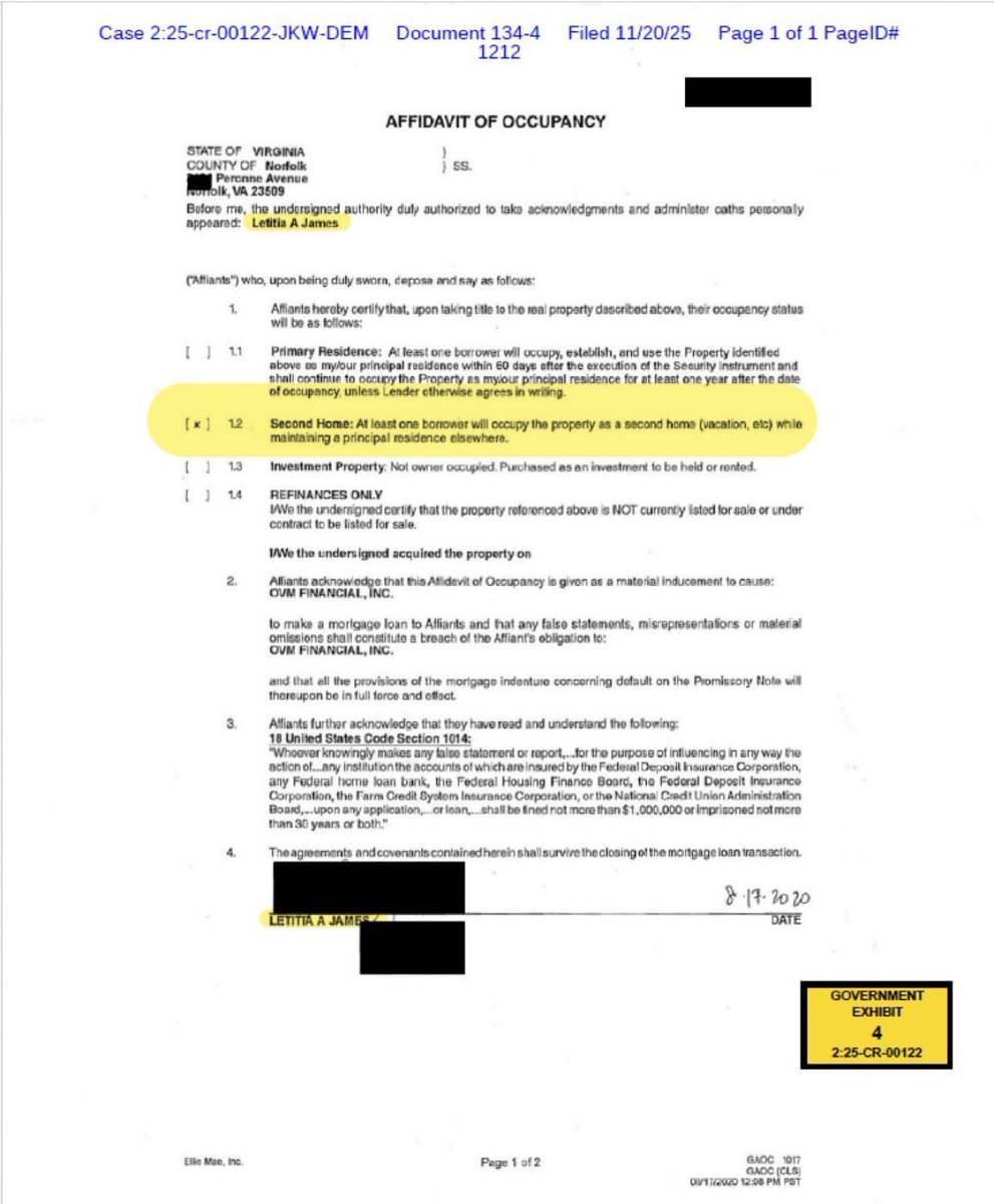 Milajoy's tweet image. Letitia James is cooked. 

More damning records were released proving that James did indeed commit wilful mortgage fraud.

Here she signs saying the property she has used as an investment from day one would be used as a 2nd home. 

She never spent a night there.

This is BAD.