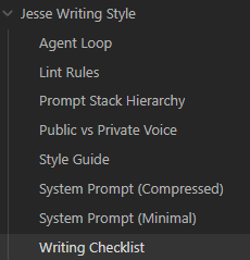 JesseBuildsAI's tweet image. I got tired of hand-waving “voice,” so I built a writing style system: prompts, checks, lint rules, and a
 self-correcting loop.