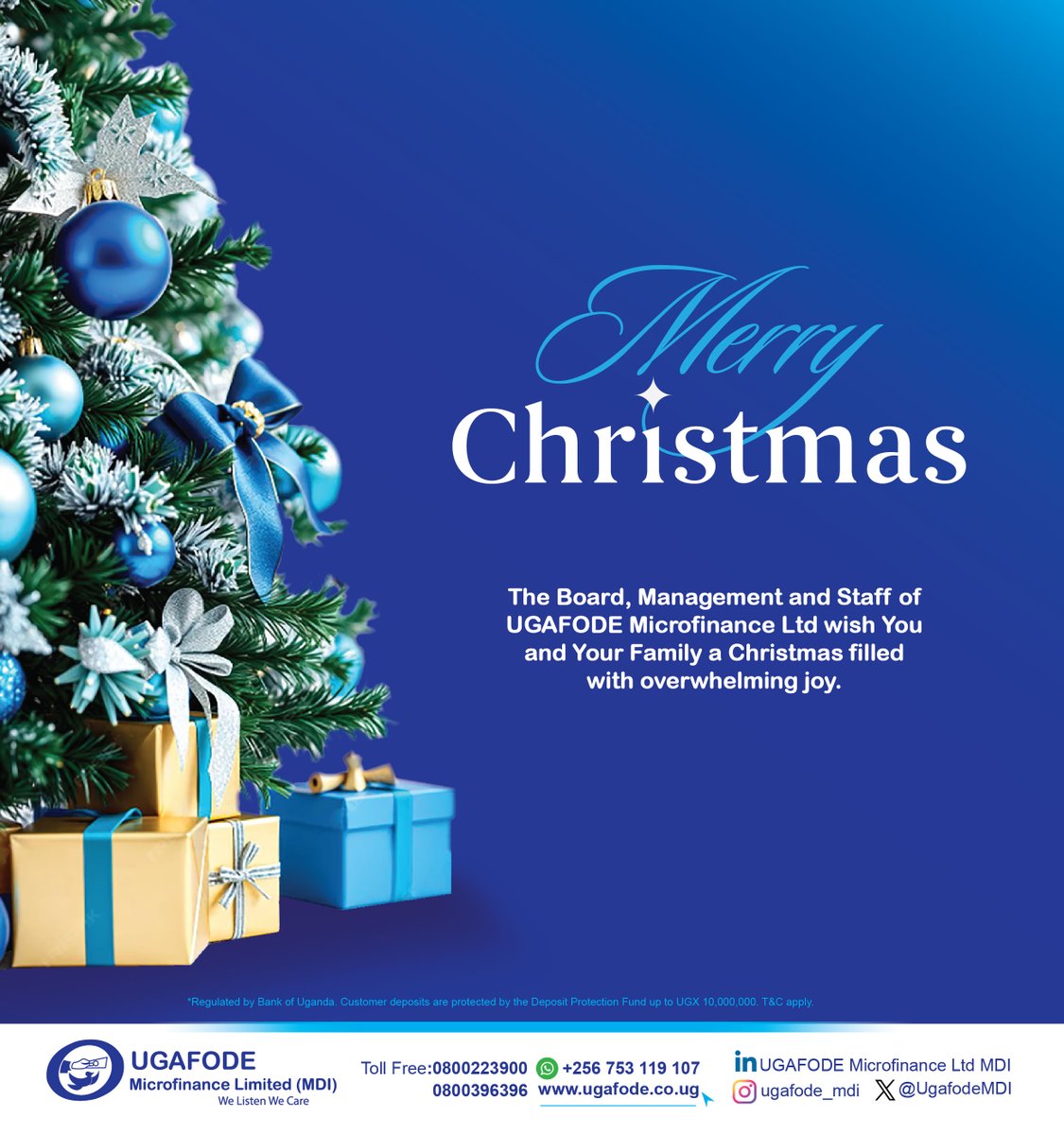 ugafodeug's tweet photo. 🎄 Merry Christmas from all of us at UGAFODE Microfinance Ltd (MDI)!
Wishing you and your family joy, peace, and prosperity this festive season. 🎁🌟
#MerryChristmas #UGAFODE #WeListenWeCare https://t.co/5VYryp4EBJ