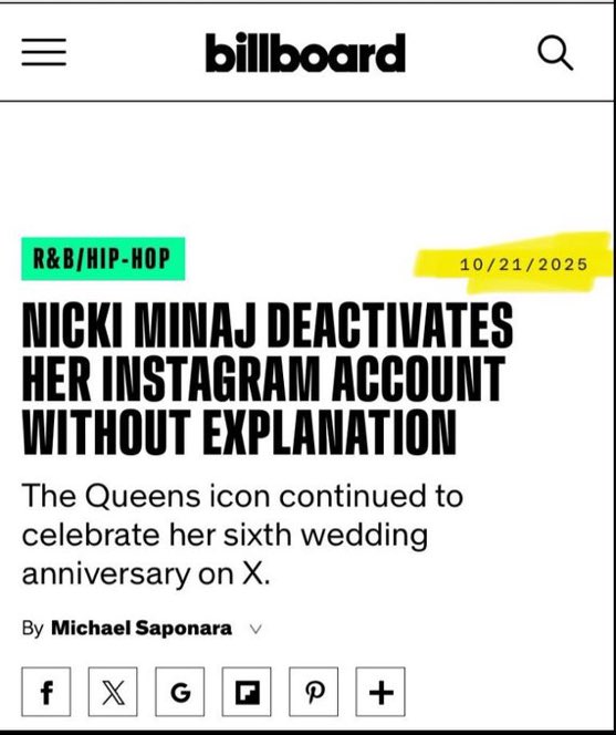 If you needed proof that the industry is doing another fraudulent propaganda campaign against Nicki Minaj, look no further…

@Billboard reported in OCTOBER when Nicki’s account was deactivated. 

Now they’re spreading the lie that she just now took it down because of backlash.