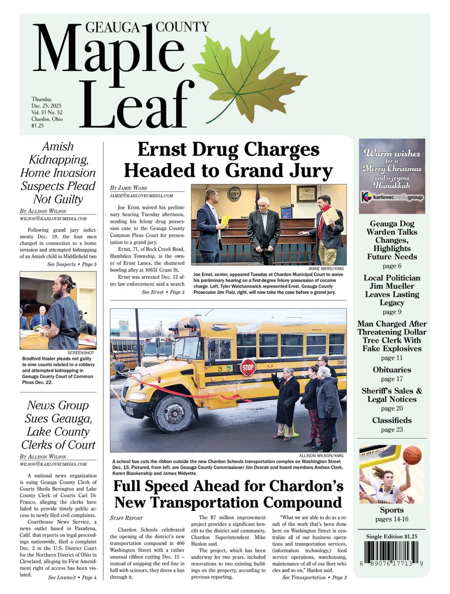 MiddlefieldPost's tweet image. 📰 The Dec. 25 Geauga County Maple Leaf is out 🍁

Top stories include Ernst drug charges heading to a grand jury, Amish kidnapping suspects pleading not guilty, and Chardon Schools’ new transportation compound.

📍 Local news that matters.

#GeaugaCounty #LocalNews #MapleLeaf