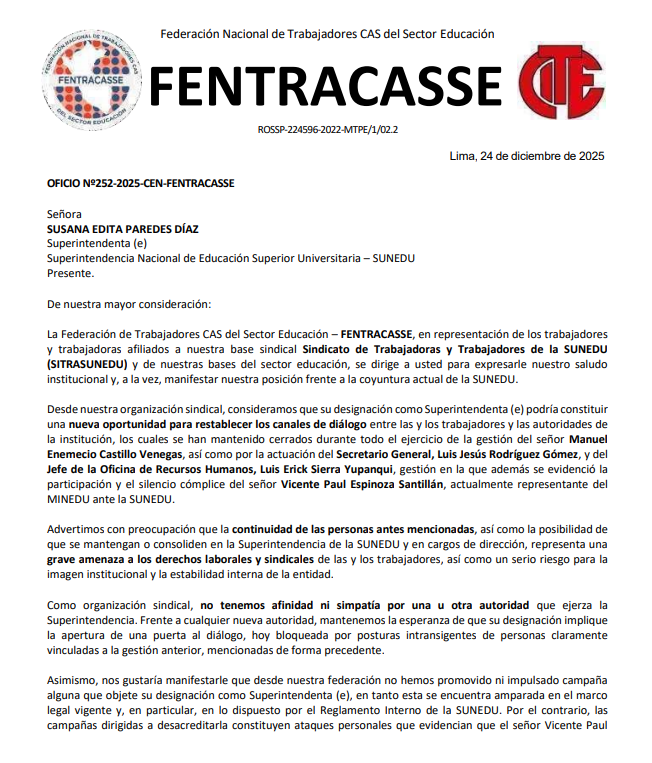 milyberrios's tweet photo. Para la Federación de Trabajadores CAS del Sector Educación y @SITRASUNEDU, la continuidad de la gestión Castillo —en este caso, a través de Vicente Espinoza— representa una grave amenaza a derechos laborales y sindicales. El gremio denunció despidos arbitrarios los últimos años. https://t.co/1oWUc9B8rl