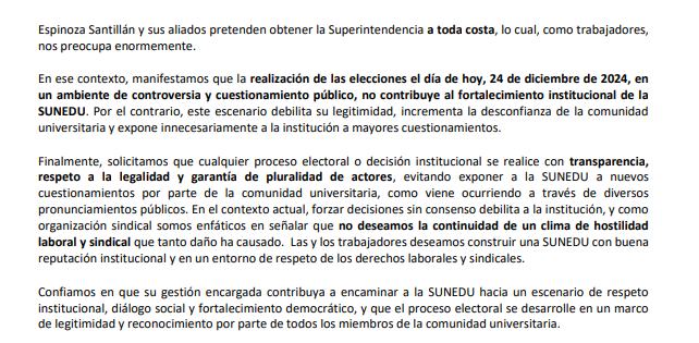 Para la Federación de Trabajadores CAS del Sector Educación y <a href="/SITRASUNEDU/">SITRASUNEDU</a>, la continuidad de la gestión Castillo —en este caso, a través de Vicente Espinoza— representa una grave amenaza a derechos laborales y sindicales. El gremio denunció despidos arbitrarios los últimos años.