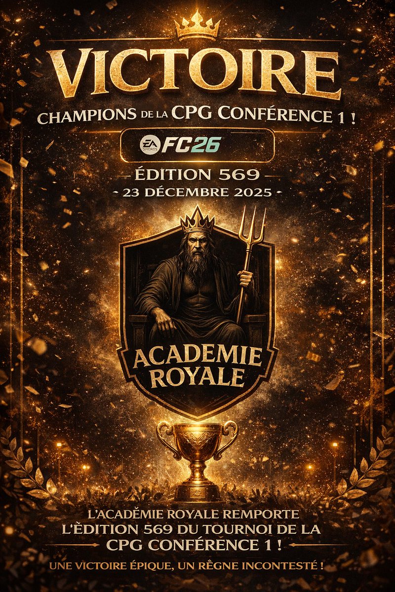 👑 Le trône est à nous.
L’Académie Royale décroche la CPG Conférence 1 – Édition 569 🏆
23/12/2025 — une date gravée dans l’histoire du club.

Un règne qui ne fait que commencer…

#ClubPro #AcadémieRoyale #Victoire #fc26 #easport #ps5