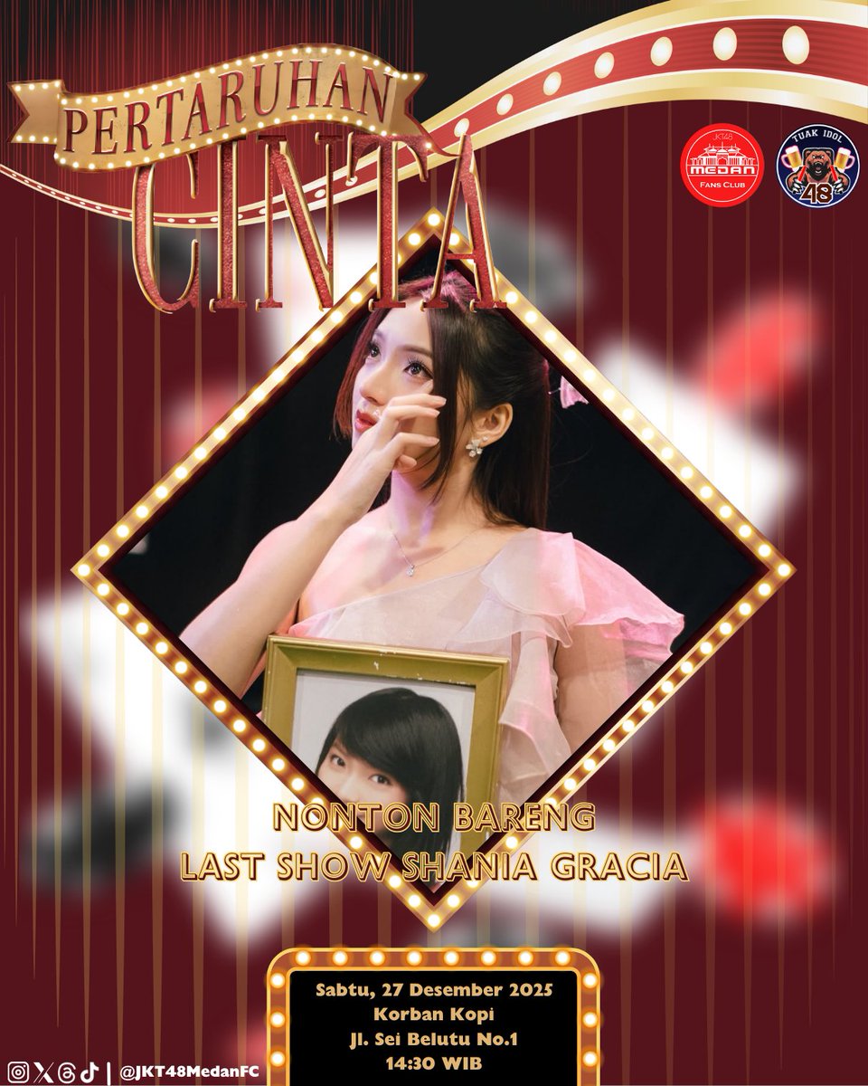 Nonton Bareng Last Show Shania Gracia 
Pada hari terakhir Shania Gracia di panggung Teater JKT48 ini, mari bersama kita abadikan momen ini untuk memberikan rasa terima kasih atas seluruh dedikasinya selama di JKT48

Mari abadikan momen ini bersama

#JKT48
#JKT48MedanFC