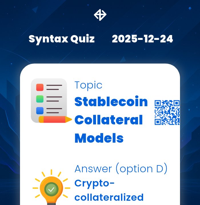 DAILY QUIZ ANSWER
    
📆 Date: 24th December 2025
📚 Topic: Stablecoin Collateral Models 

✅ Answer: Crypto-collateralized stablecoin

⚡️ Correct option: D

Let’s turn learning into a team sport: syntaxverse.com/rf/9D5R54O6PHN