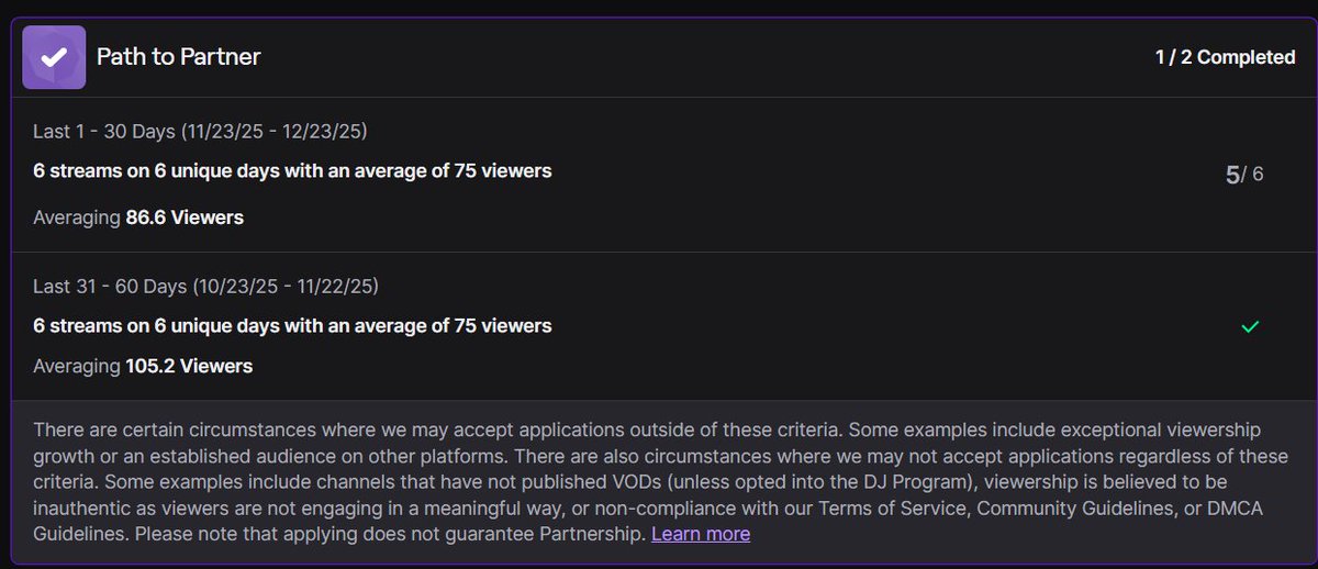 Today is a HUGE day for me on Twitch. If we hit the 75 average I can apply for my Partner status on Christmas! Every person who can leave a tab open is such a enormous help &amp; would mean so much to me! If you have the time, I'm live starting at 4pm EST! #partnerpush #twitch