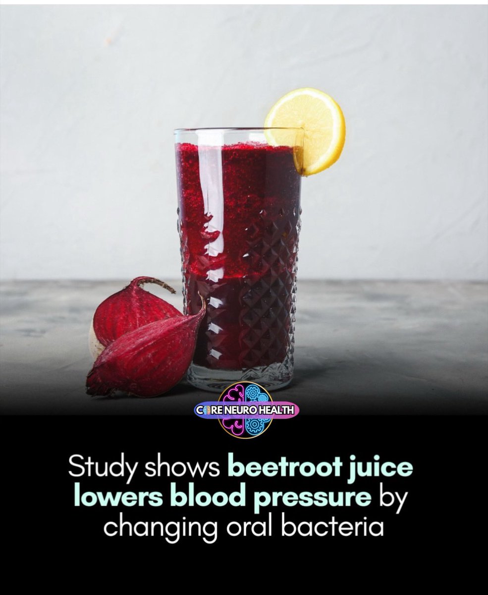 CoreNeuroHealth's tweet image. Beetroot juice doesn’t just work through the blood —
it starts in the mouth.

Research shows that nitrates in beetroot juice interact with beneficial oral bacteria, which convert nitrates into nitric oxide a powerful molecule that relaxes blood vessels and lowers blood pressure