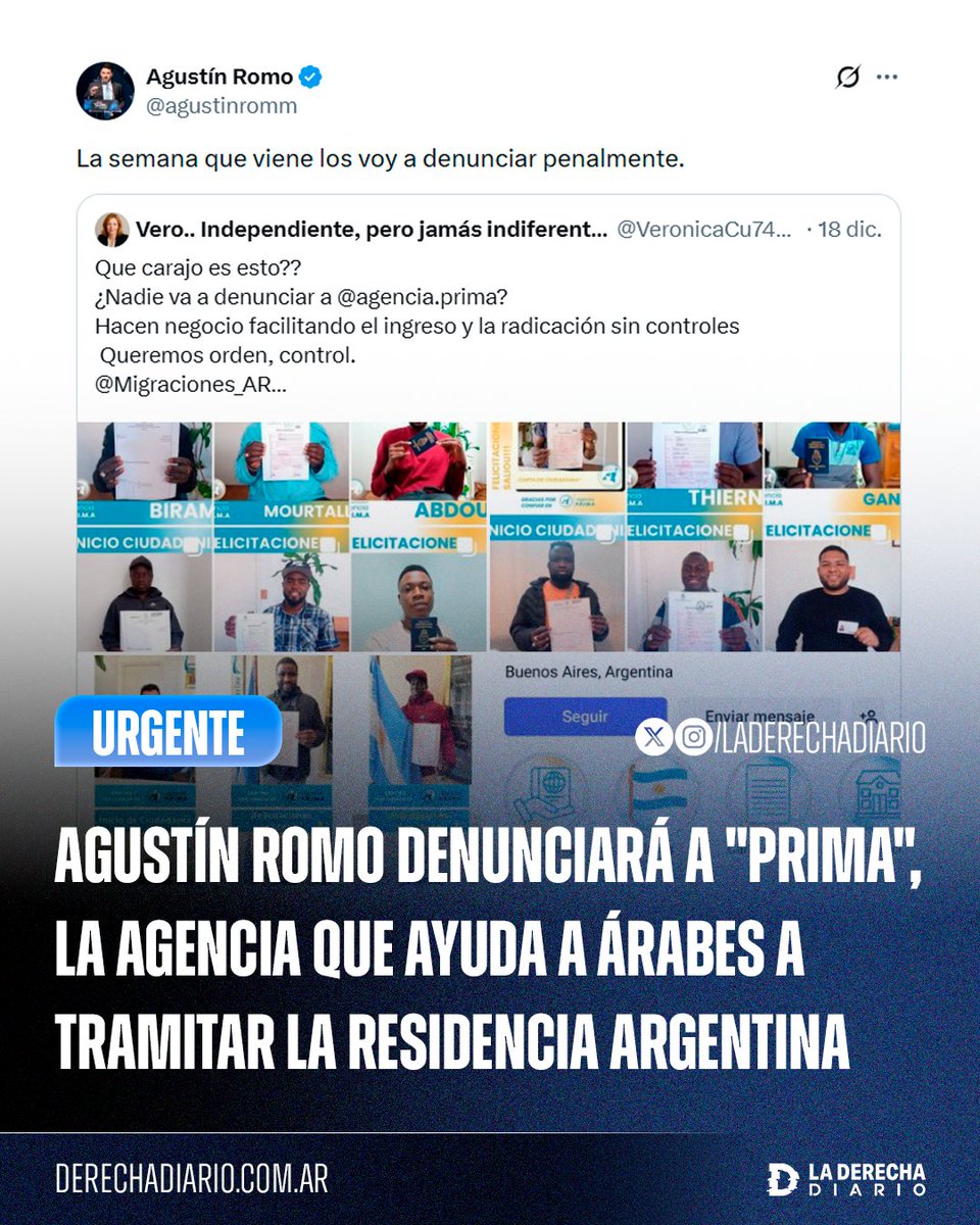 🚨🇦🇷 | EXCELENTE: El jefe de bloque de LLA en PBA, Agustín Romo, denunciará a "PRIMA", la agencia vinculada a Grabois y el kirchnerismo que ayuda a árabes provenientes de África a tramitar la residencia argentina.