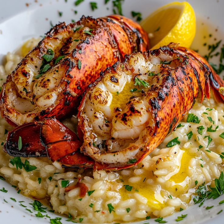 will95186's tweet photo. Butter Poached Lobster Tails with Risotto https://t.co/oFTipPYPJU