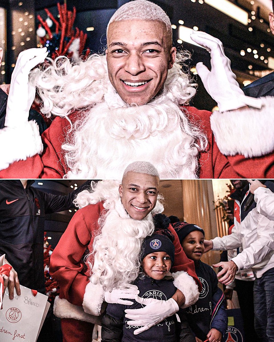 ESPNFC's tweet image. When Kylian Mbappe dressed up as Santa Claus to give gifts to kids from local refugee centers in Paris 🎅❤️