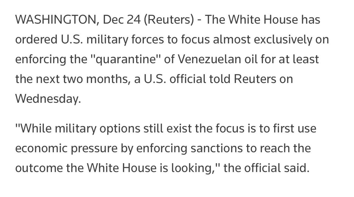 🚨 | Reuters:

La Casa Blanca ordena a los militares que inviertan todos sus esfuerzos en garantizar el bloqueo absoluto del petróleo venezolano.

Aunque las opciones de bombardeos en tierra siguen sobre la mesa, por ahora el enfoque para lograr el objetivo parece financiero.